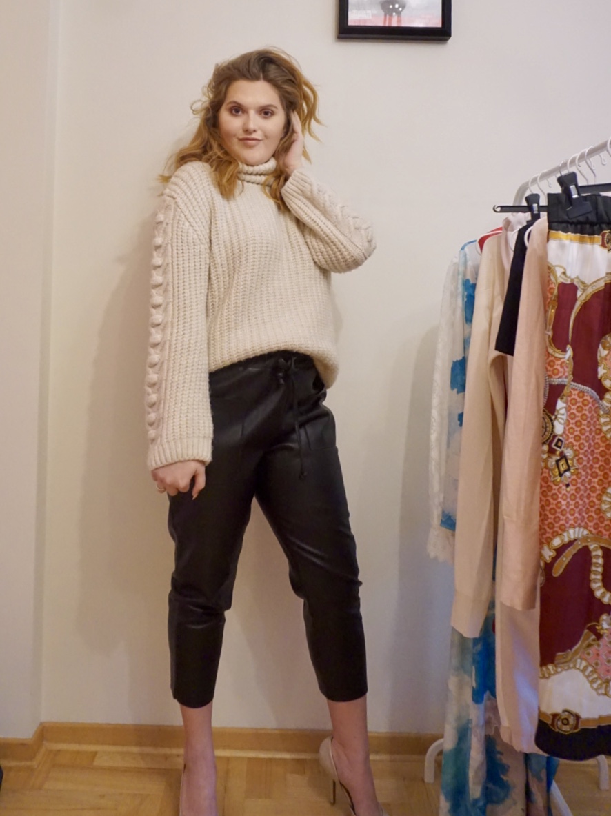 Leather joggers with chunky knit sweater